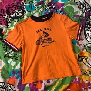 lazy oaf road kill motors cropped baby ringer tee